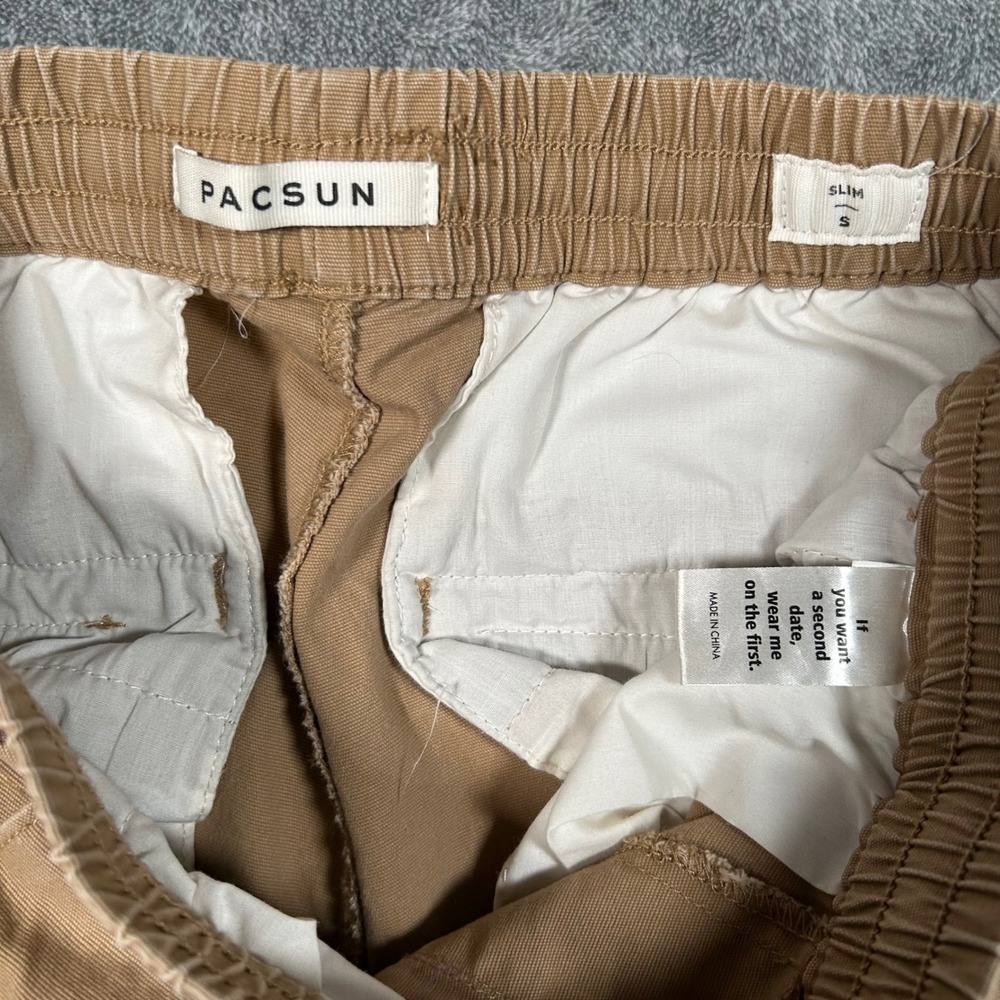 PacSun Mens Slim Fit Cargo Pants Tan Light Khaki Drawstring Elastic Waist Small - Picture 8 of 13